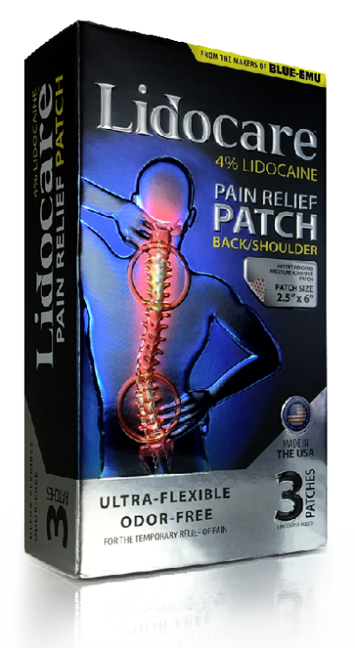 Image of Lidocare Pain Relief Patches for Back and Shoulder front side of box